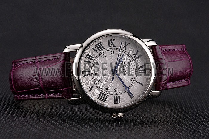 Cartier Ronde White Dial Stainless Steel Case Purple Leather Strap