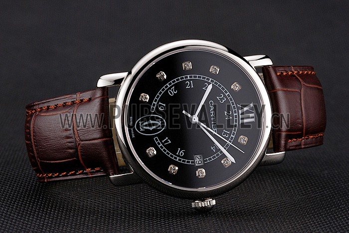 Cartier Ronde Solo Black Dial Diamond Hour Marks Stainless Steel Case Brown Leather Strap