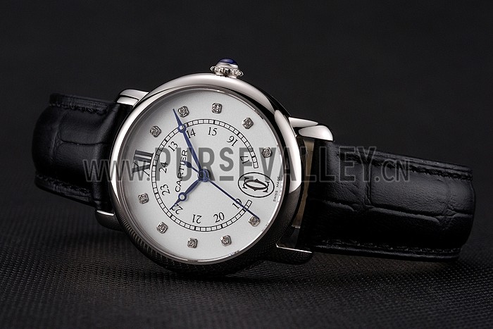 Cartier Ronde White Dial Diamond Hour Marks Stainless Steel Case Black Leather Strap