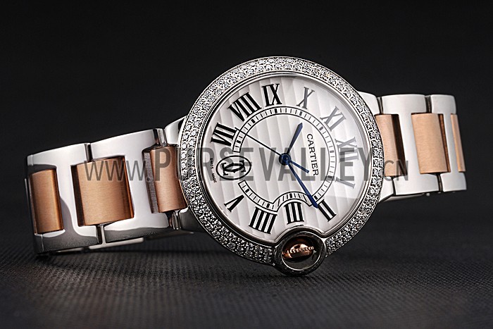 Swiss Ballon Blue De Cartier Diamond Steel Case White Dial Roman Numerals Two Tone Bracelet 622647