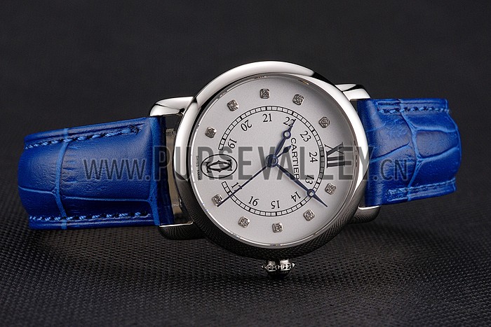 Cartier Ronde White Dial Diamond Hour Marks Stainless Steel Case Blue Leather Strap