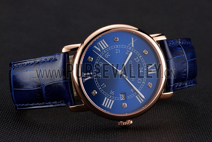 Cartier Ronde Solo Blue Dial Diamond Hour Marks Rose Gold Case Blue Leather Strap