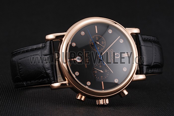 Omega Seamaster Vintage Chronograph Black Dial Diamond Hour Marks Rose Gold Case Black Leather Strap