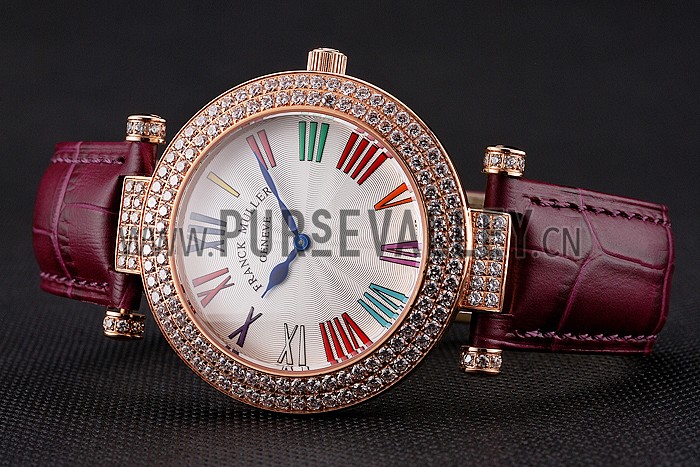 Franck Muller Double Mistery Ronde White Dial Rose Gold Case Plum Leather Strap