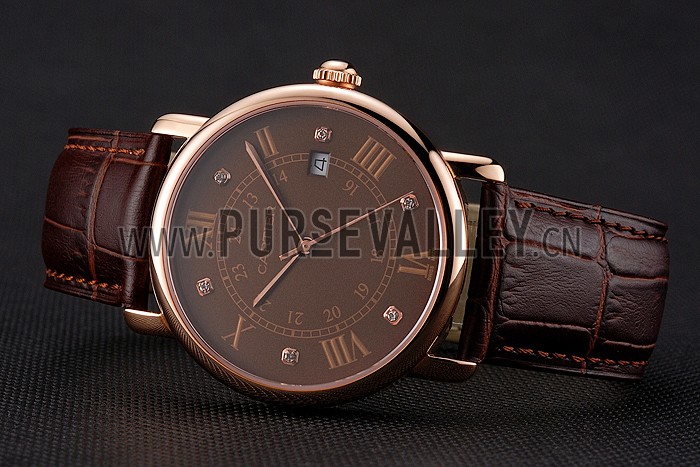 Cartier Ronde Solo Brown Dial Diamond Hour Marks Rose Gold Case Brown Leather Strap