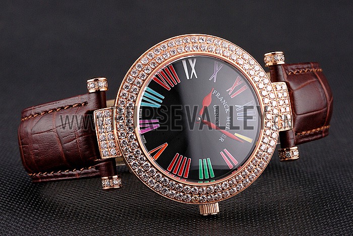 Franck Muller Double Mistery Ronde Black Dial Rose Gold Case Brown Leather Strap