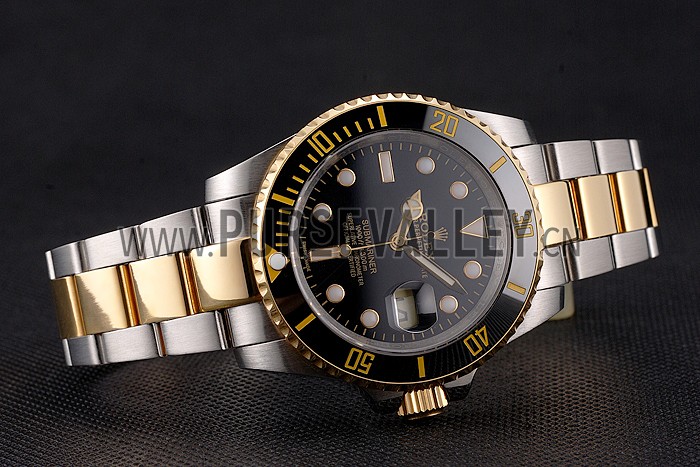 Swiss Rolex Submariner Black Dial And Bezel Two Tone Steel Gold Bracelet