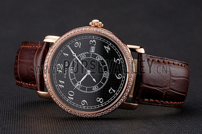 Cartier Ronde Solo Black Dial Diamond Bezel Rose Gold Case Brown Leather Strap