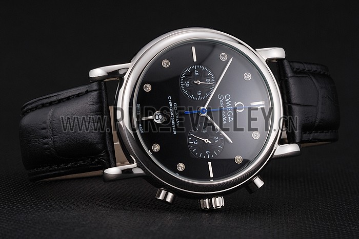 Omega Seamaster Vintage Chronograph Black Dial Diamond Hour Marks Stainless Steel Case Black Leather Strap