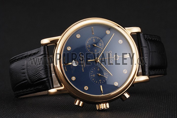 Omega Seamaster Vintage Chronograph Blue Dial Diamond Hour Marks Gold Case Black Leather Strap