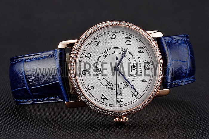 Cartier Ronde Solo White Dial Diamond Bezel Rose Gold Case Blue Leather Strap