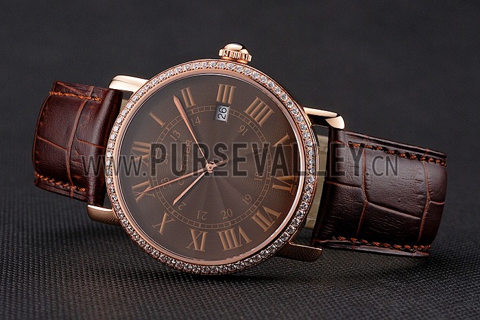 Cartier Ronde Solo Brown Dial Diamond Bezel Rose Gold Case Brown Leather Strap