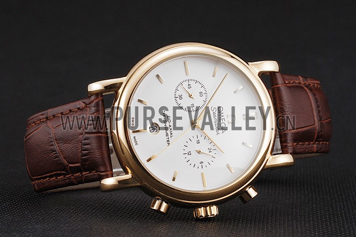 Omega Seamaster Vintage Chronograph White Dial Gold Case Brown Leather Strap