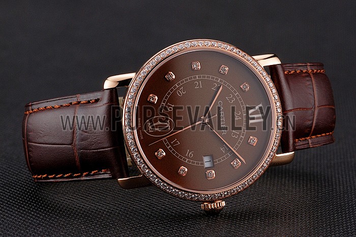 Cartier Ronde Solo Brown Dial Diamond Hour Marks And Bezel Rose Gold Case Brown Leather Strap