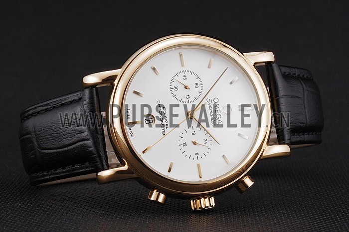 Omega Seamaster Vintage Chronograph White Dial Gold Case Black Leather Strap