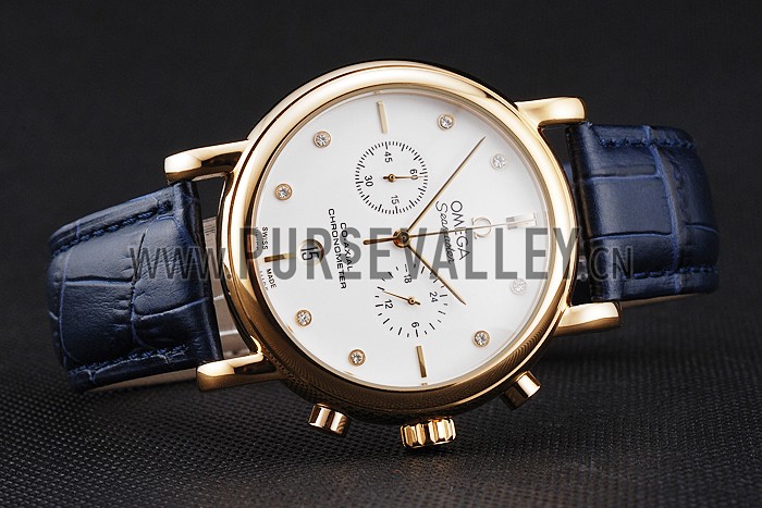 Omega Seamaster Vintage Chronograph White Dial Diamond Hour Marks Gold Case Blue Leather Strap