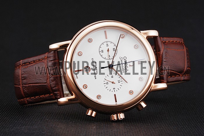 Omega Seamaster Vintage Chronograph White Dial Diamond Hour Marks Rose Gold Case Brown Leather Strap