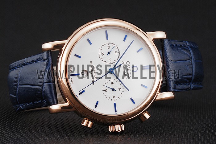 Omega Seamaster Vintage Chronograph White Dial Blue Hour Marks Rose Gold Case Blue Leather Strap