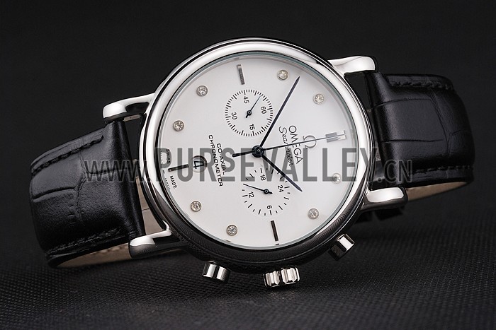 Omega Seamaster Vintage Chronograph White Dial Diamond Hour Marks Stainless Steel Case Black Leather Strap
