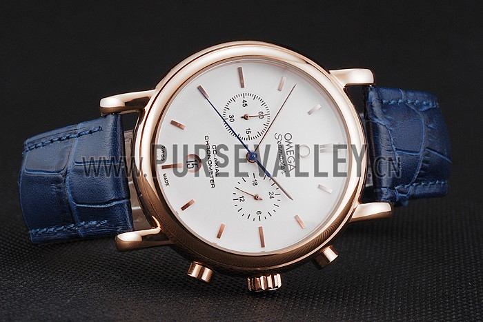 Omega Seamaster Vintage Chronograph White Dial Rose Gold Case Blue Leather Strap