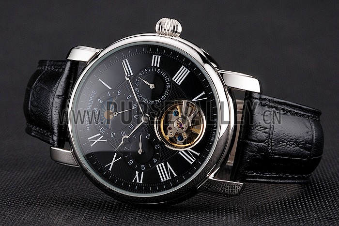 Patek Philippe Grand Complications Moonphase Perpetual Calendar Tourbillon Black Dial Stainless Steel Case Black Leather Strap