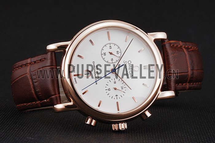Omega Seamaster Vintage Chronograph White Dial Rose Gold Case Brown Leather Strap