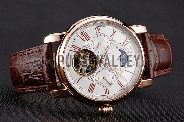 Patek Philippe Grand Complications Moonphase Perpetual Calendar Tourbillon White Dial Rose Gold Case Brown Leather Strap