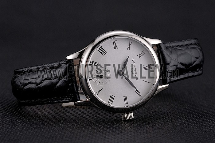 Patek Philippe Calatrava White Dial Roman Numerals Stainless Steel Case Black Leather Strap