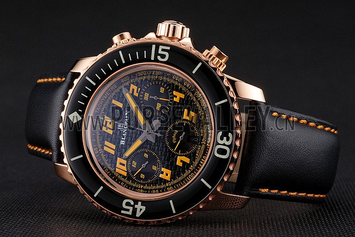 Swiss Blancpain Fifty Fathoms Flyback Chronograp Carbon Fiber Dial Rose Gold Case Black Leather Strap