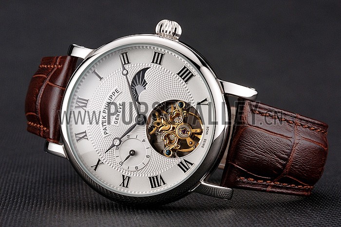 Patek Philippe Complications Moonphase Tourbillon White Dial Stainless Steel Case Brown Leather Strap