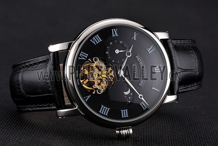 Patek Philippe Complications Moonphase Tourbillon Black Dial Stainless Steel Case Black Leather Strap