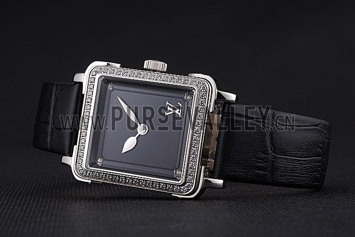 Louis Vuitton Emprise Black Dial Stainless Steel Case With Jewels Black Leather Strap 622789