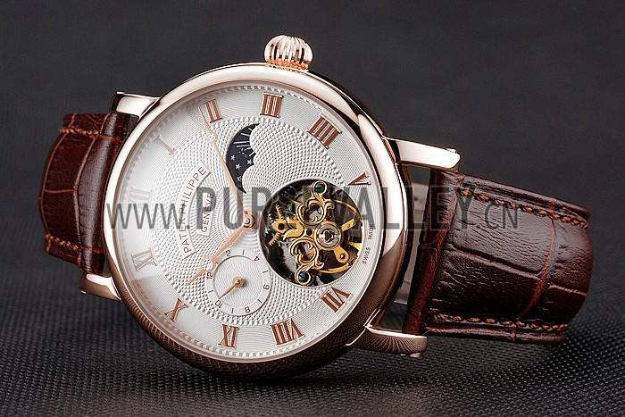 Patek Philippe Complications Moonphase Tourbillon White Dial Rose Gold Case Brown Leather Strap