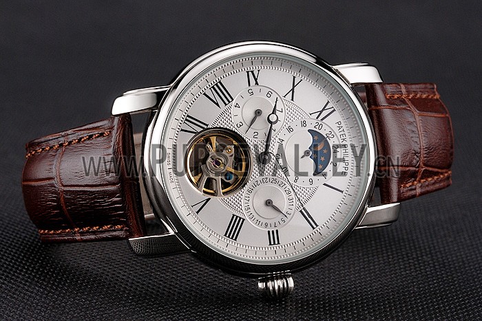 Patek Philippe Grand Complications Moonphase Perpetual Calendar Tourbillon White Dial Stainless Steel Case Brown Leather Strap