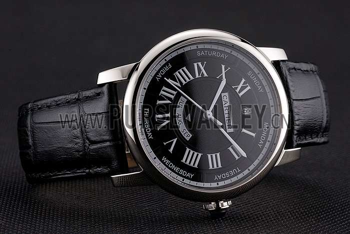 Swiss Cartier Rotonde Annual Calendar Black Dial Stainless Steel Case Black Leather Strap