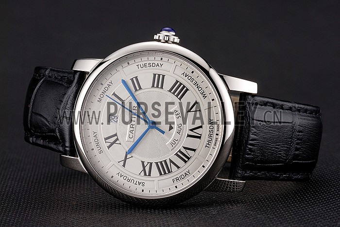 Swiss Cartier Rotonde Annual Calendar White Dial Stainless Steel Case Black Leather Strap