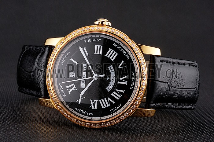 Swiss Cartier Rotonde Annual Calendar Black Dial Diamond Bezel Gold Case Black Leather Strap