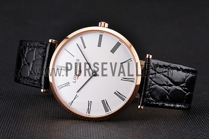 Swiss Longines Grande Classique White Dial Roman Numerals Rose Gold Case Black Leather Strap