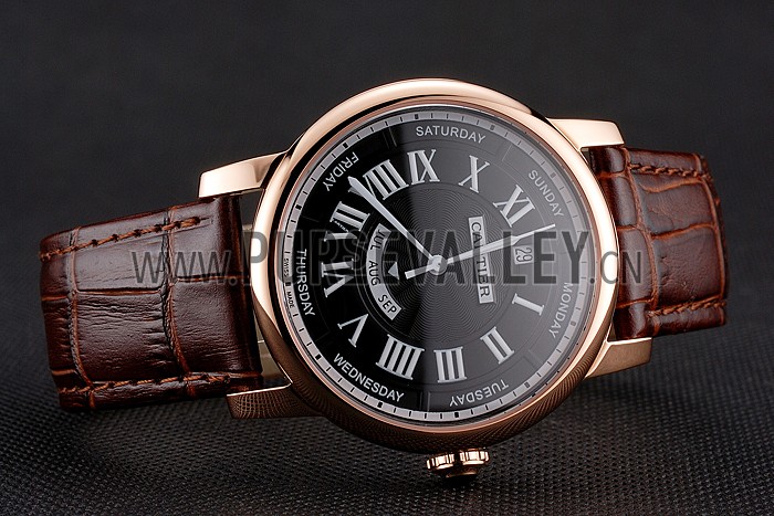 Swiss Cartier Rotonde Annual Calendar Black Dial Rose Gold Case Brown Leather Strap