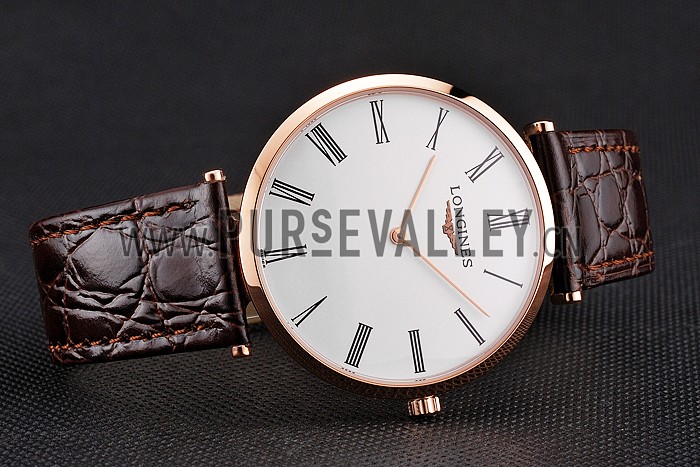 Swiss Longines Grande Classique White Dial Roman Numerals Rose Gold Case Brown Leather Strap