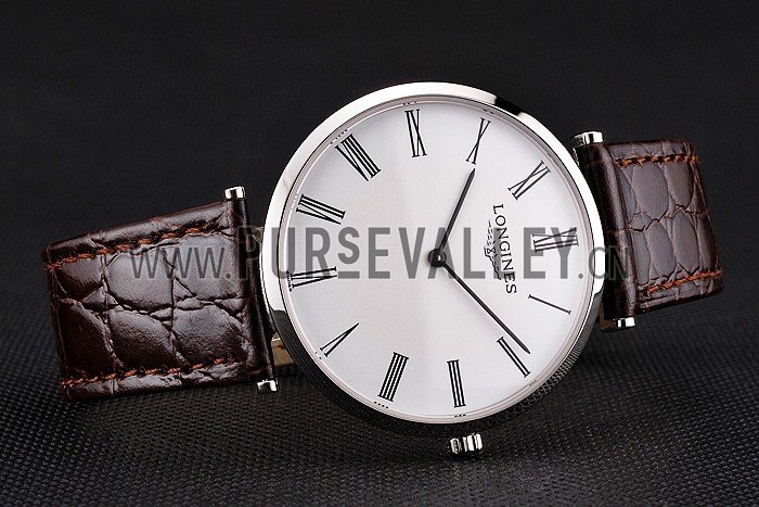 Swiss Longines Grande Classique White Dial Roman Numerals Stainless Steel Case Brown Leather Strap