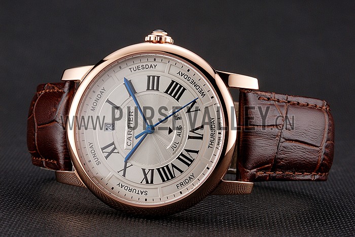 Swiss Cartier Rotonde Annual Calendar White Dial Rose Gold Case Brown Leather Strap