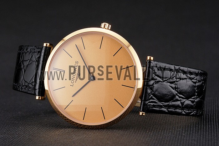 Swiss Longines Grande Classique Gold Dial Gold Case Black Leather Strap