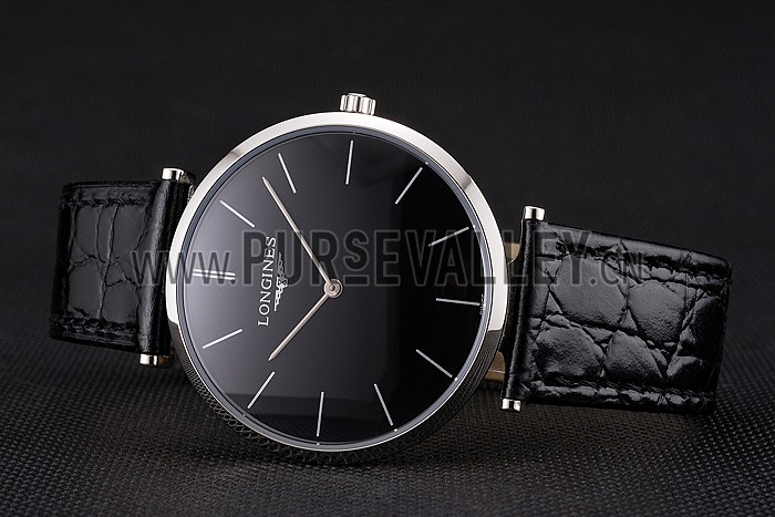 Swiss Longines Grande Classique Black Dial Stainless Steel Case Black Leather Strap