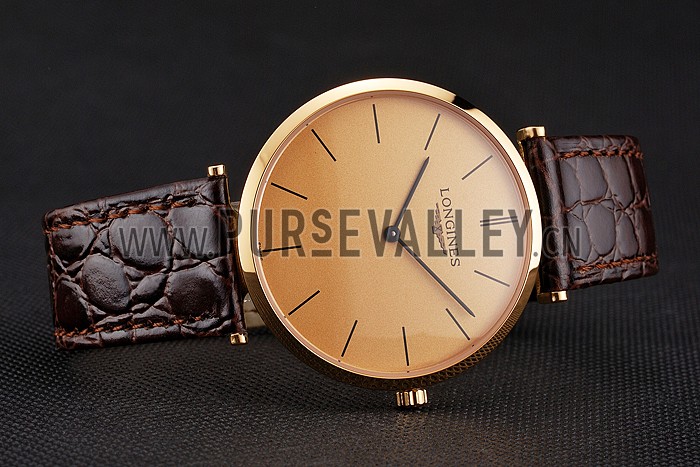 Swiss Longines Grande Classique Gold Dial Gold Case Brown Leather Strap