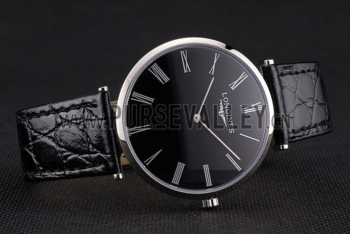 Swiss Longines Grande Classique Black Dial Roman Numerals Stainless Steel Case Black Leather Strap