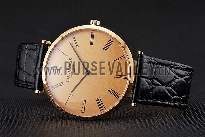 Swiss Longines Grande Classique Gold Dial Roman Numerals Gold Case Black Leather Strap
