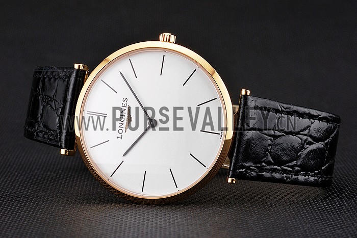 Swiss Longines Grande Classique White Dial Gold Case Black Leather Strap