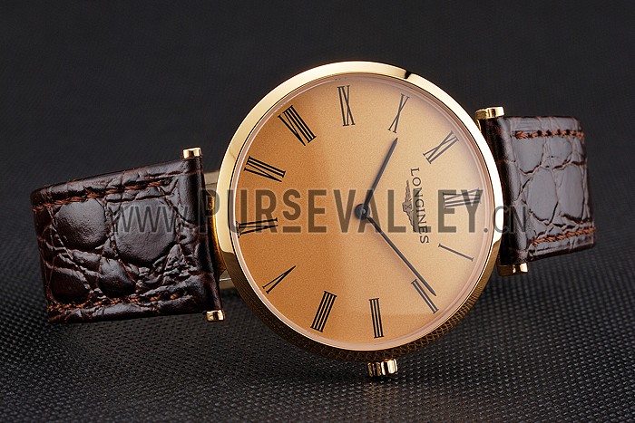 Swiss Longines Grande Classique Gold Dial Roman Numerals Gold Case Brown Leather Strap