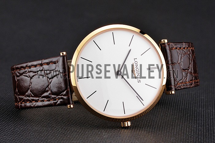 Swiss Longines Grande Classique White Dial Gold Case Brown Leather Strap